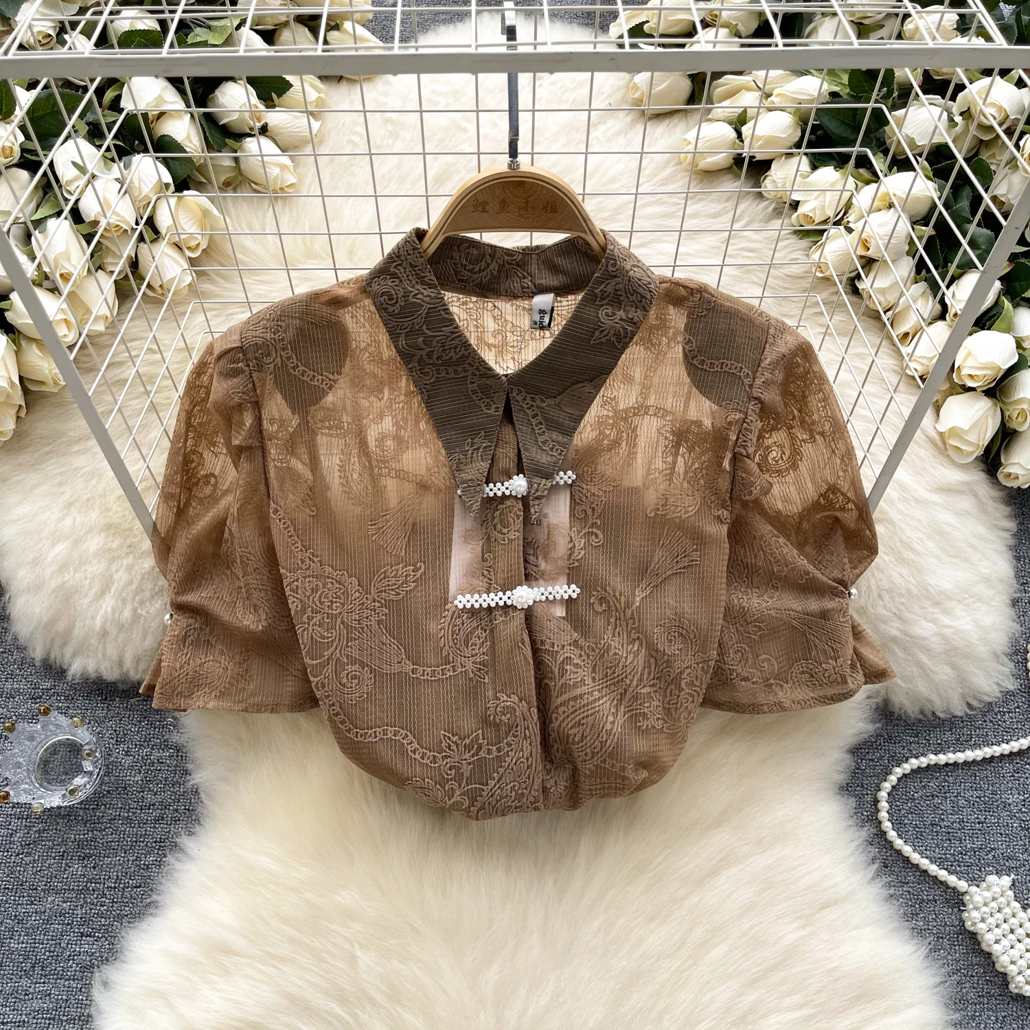 

Женская летняя рубашка 2024, кардиган на пуговицах, тонкая рубашка с рукавами-фонариками, кружевная однобортная ажурная блузка