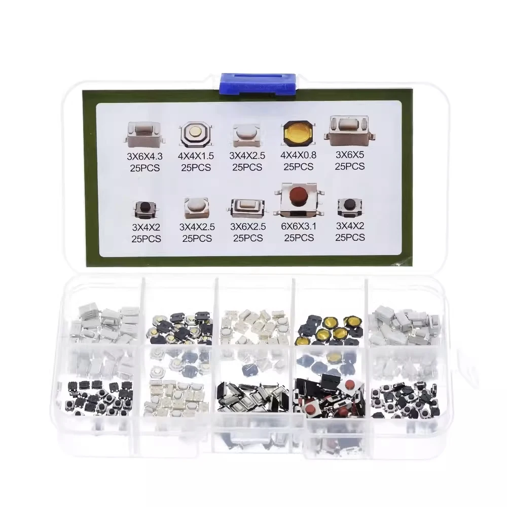 

250Pcs/Box 10 Model SMD Tactile Push Button Switch Kit Car Remote Control Tablet Micro Momentary Key Touch Switch Assortment Set