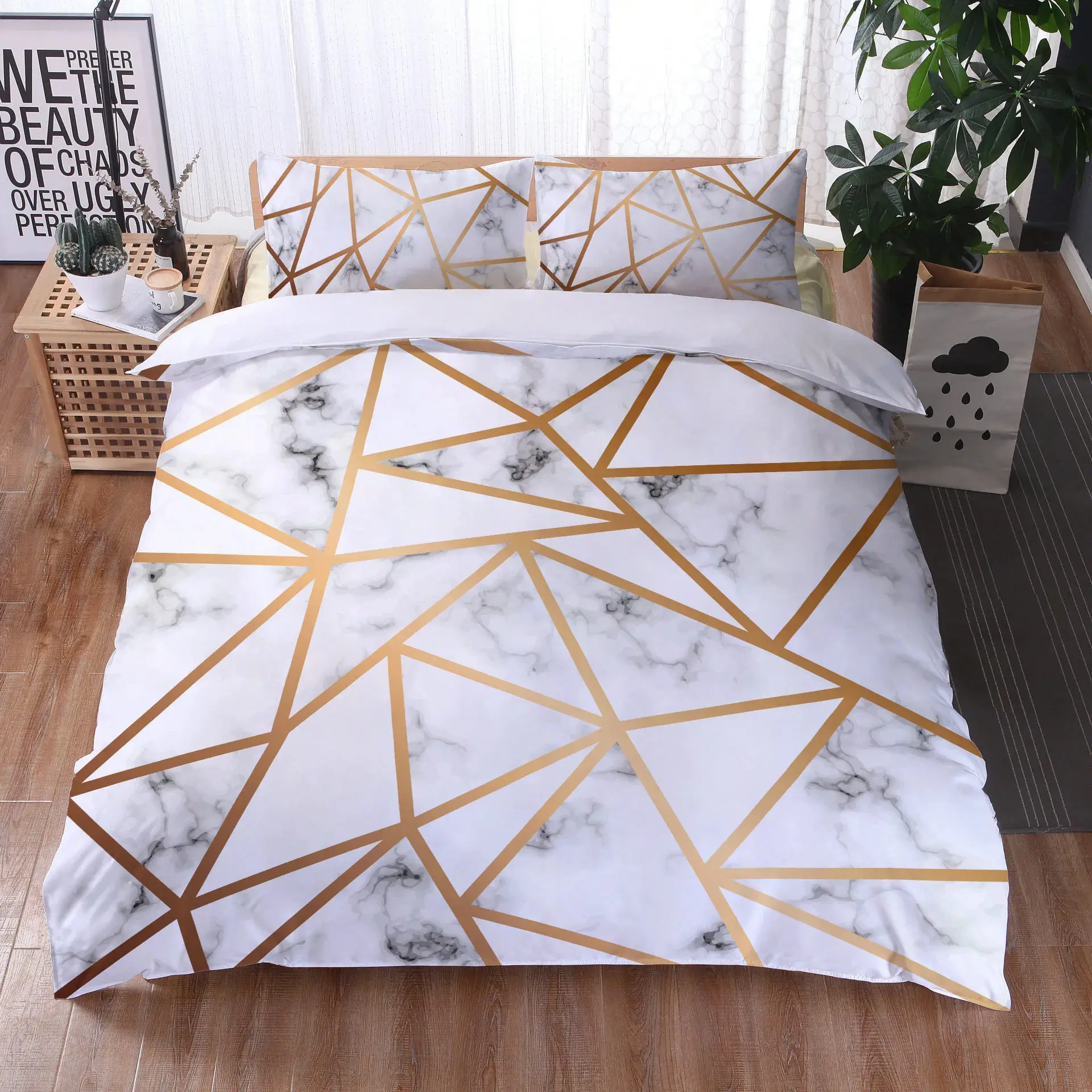 

3D Marble Duvet Cover Abstract Geometric Bedding Set Pink Golden Triangle Comforter Cover Queen/King for Boys Girls Teen Bedroom