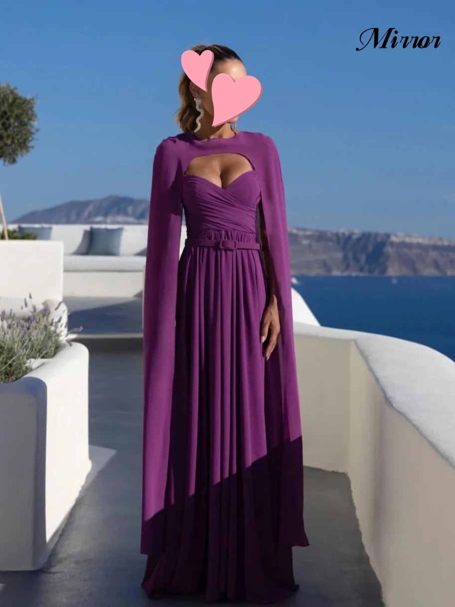 

Mirror Dress Elegant Vintage Sexy Simple Purple Ruffle Cape Ribbon Customize Formal Occasion Prom Dress Evening Party Gowns