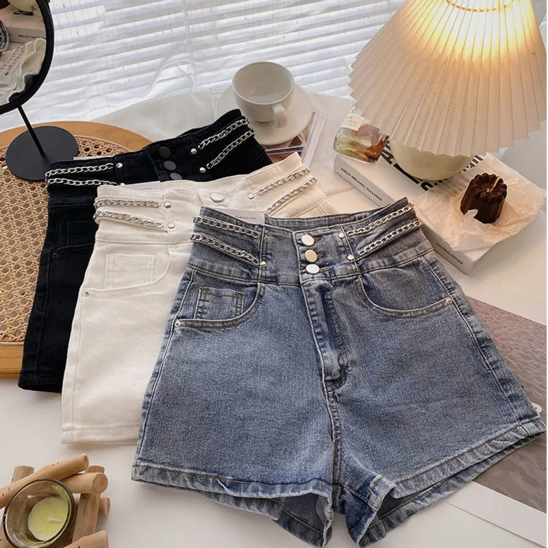 

High Waist Denim Shorts Women Clothing 2023 Summer New Korean Fashion Chain A-line Wide-leg Hot Pants Female Casual Shorts Ropa