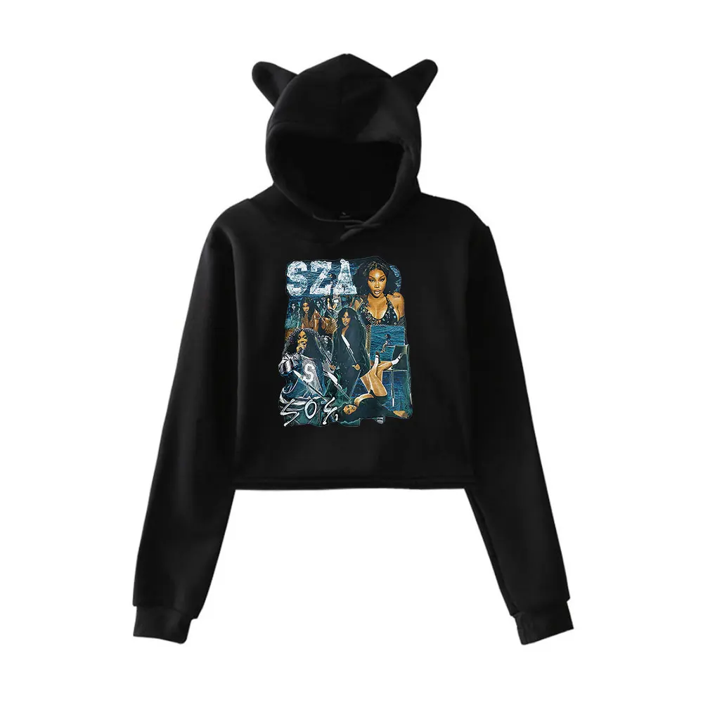 

Vintage SZA SOS Cat Ear Hoodie Women Long Sleeve Cropped Sweatshirts Female Casual Streetwear Crop Tops