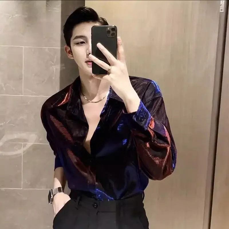 thumbnail image 1 of Camisas para hombre Camisa original brillante de gran tamaño para hombre Hip Hop de lujo barata marca de diseñador Trendyol Cool Fashion Man 2024 estilo coreano, 1 of 4