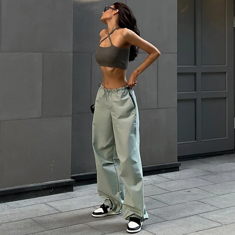 

Casual Women Cargo Pants Hip Hop Loose Solid Baggy Pants Trousers Drawstring Low Waist Pants Women Joggers Sweatpants Streetwear