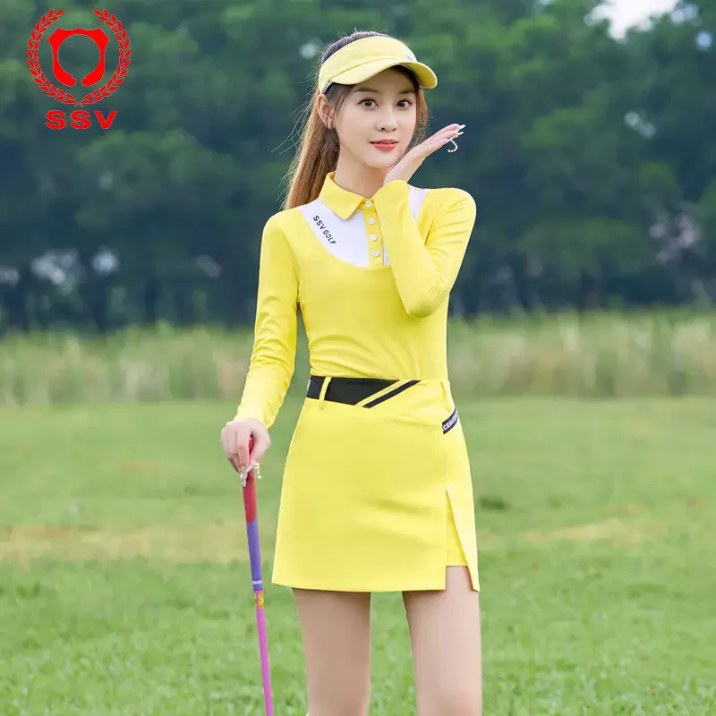 Ladies sports clothing suit yellow long sleeve lapel polo shirt for women quick dry short skirt female golf wear