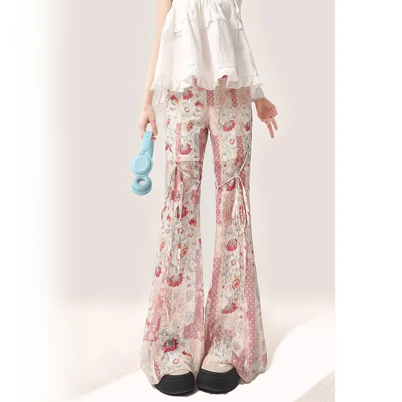 사용자 정의 핑크 아이스 실크 부츠 컷 바지 여성 여름 얇은 캐주얼 하이 웨이스트 플레어 슬리밍 긴 바지 여성을위한