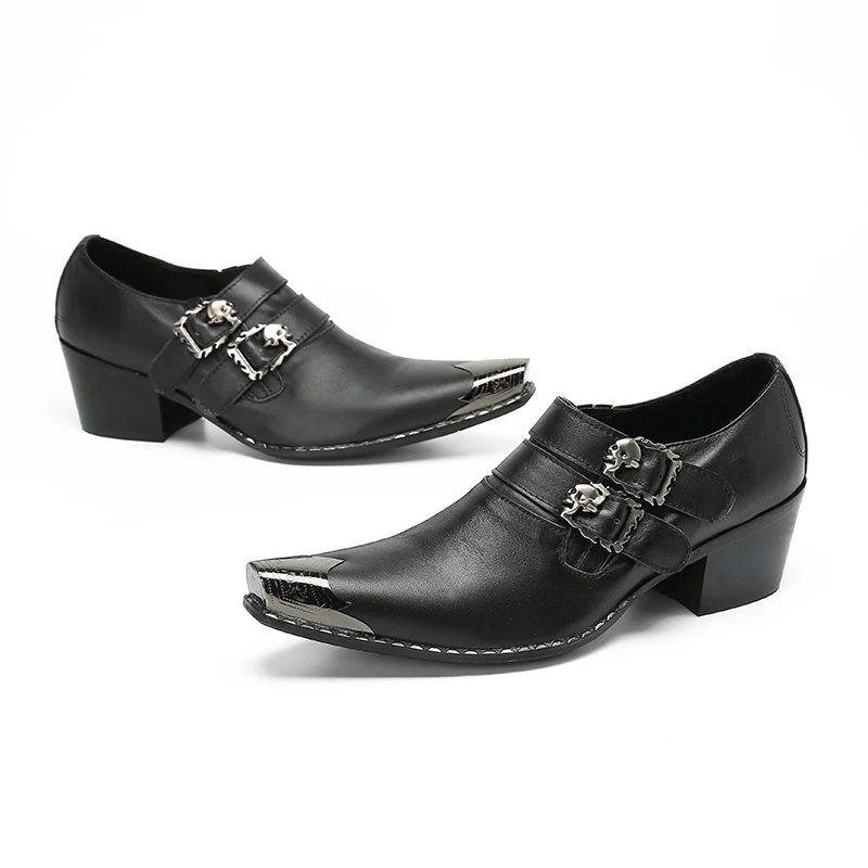 Elegant Men Square Toe Oxfords Shoes Mid Heel Monk Strap Shoes Business Office Cow Leather Man Big Size Wedding Prom