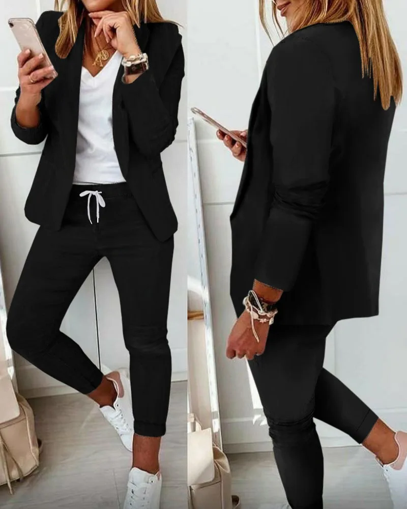 Fashion Women Two Piece Set Outfits 2023 Autumn Female Turn Down Blazer Coat Drawstring Pants Suit Women Casual Set two piece set autumn winter women s business suit fashion solid long sleeve jacket tops pants matching set office lady outfits