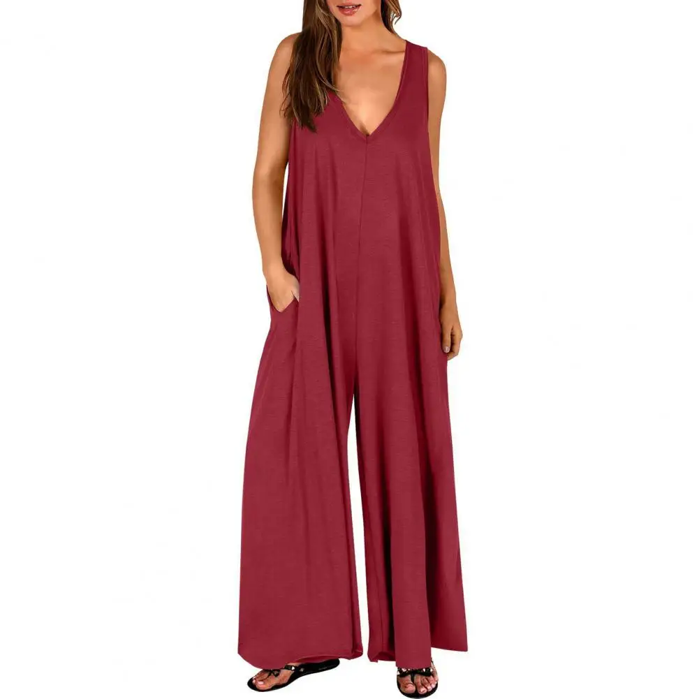 

Summer Women Jumpsuit Low-cut V Neck Sleeveless Wide Leg Pleated Loose Long Jumpsuit macacão feminino