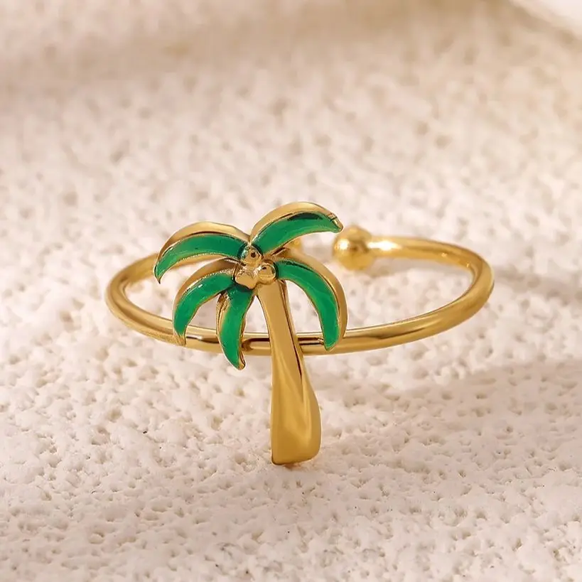 Green Enamel Palm Tree Ring Women 18K Gold Plated Stainless Steel Adjustable