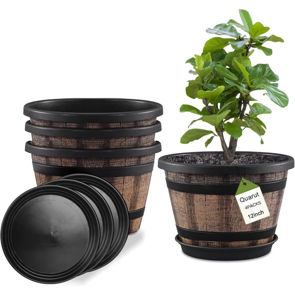 

Plant Pots Set of 4 Pack 12 inchPlastic Flower Pots Imitation Wine Barrel Design,Canbe for Outdoor Garden Home Plants ( Brown)