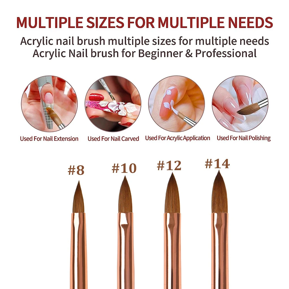 ANGNYA Kolinsky Sable Acrylic Brush Size 8#/10# Acrylic Brush Pro Rhinestone Metal Handle Kolinsky Sable Acrylic Nail Brushes 3