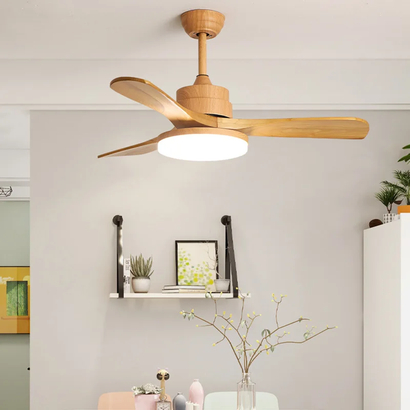 42 Inch Natural Wood Color Ceiling Fan Light 3 Abs Blade Pure Copper DC Motor Ceiling Fan Light Dining Room Bedroom, with