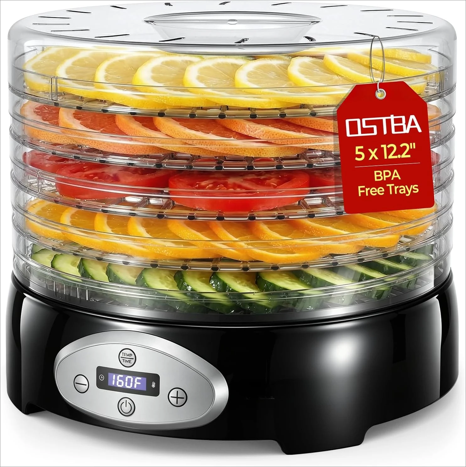 420W Food Dehydrator, 5 BPA-Free 12.2" Trays, Adjustable Temp 95–160℉, 48H Timer, Food Dryer for Fruits, Veggies, Jerky, Herbs, Home Use, BPA-Free 1