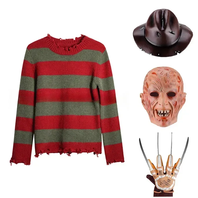 

Freddy Cosplay Costume Adult Sweater Red Striped Knitting Top Coat Hat Mask Freddie Halloween Carnival Party Costume for Men