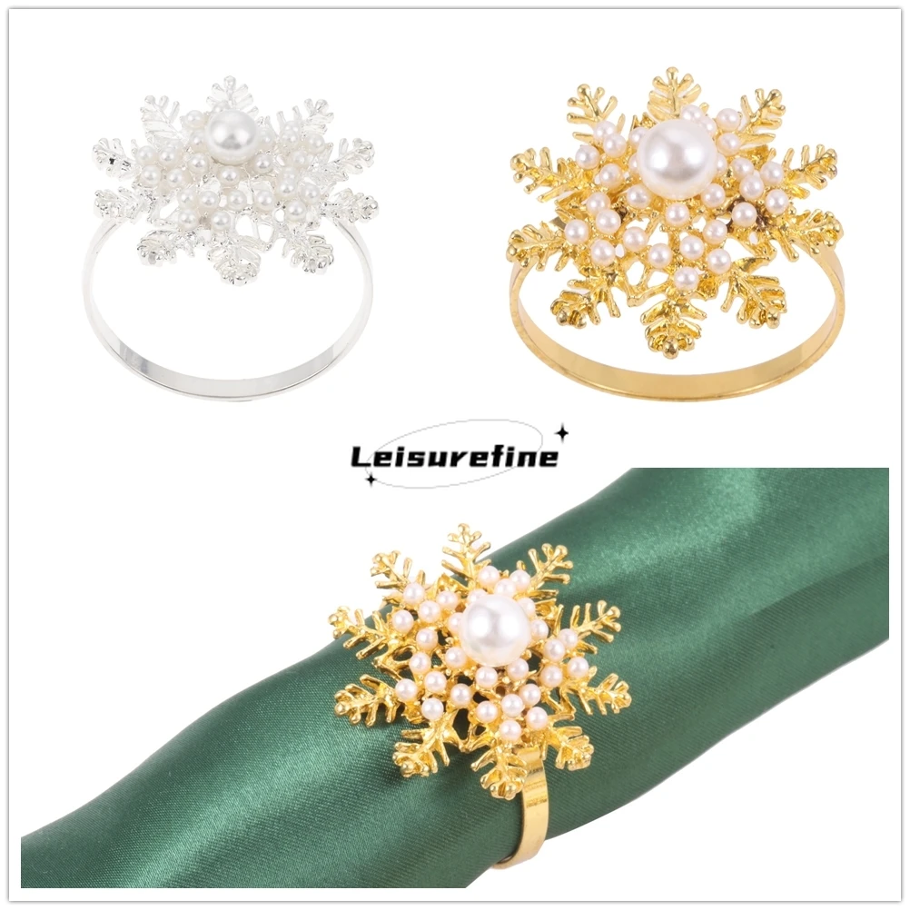 

12pcs Snowflake Napkin Ring Golden/Silver Hollow Flower Tissue Holder Inlaid Rhinestones Christmas Dinner Table Ornament Wedding