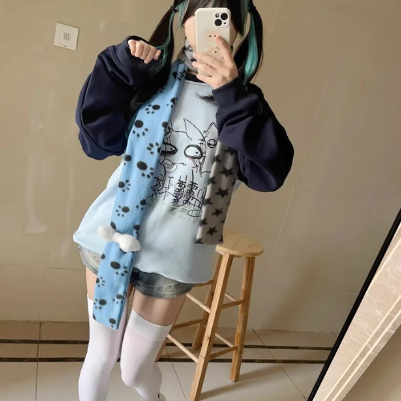 Kawaii Dog Footprints Patchwork Long Scarf for Girls with Bone Pin Fluffy Contrast Color Coral Velvet Women Scarf Japanese Style