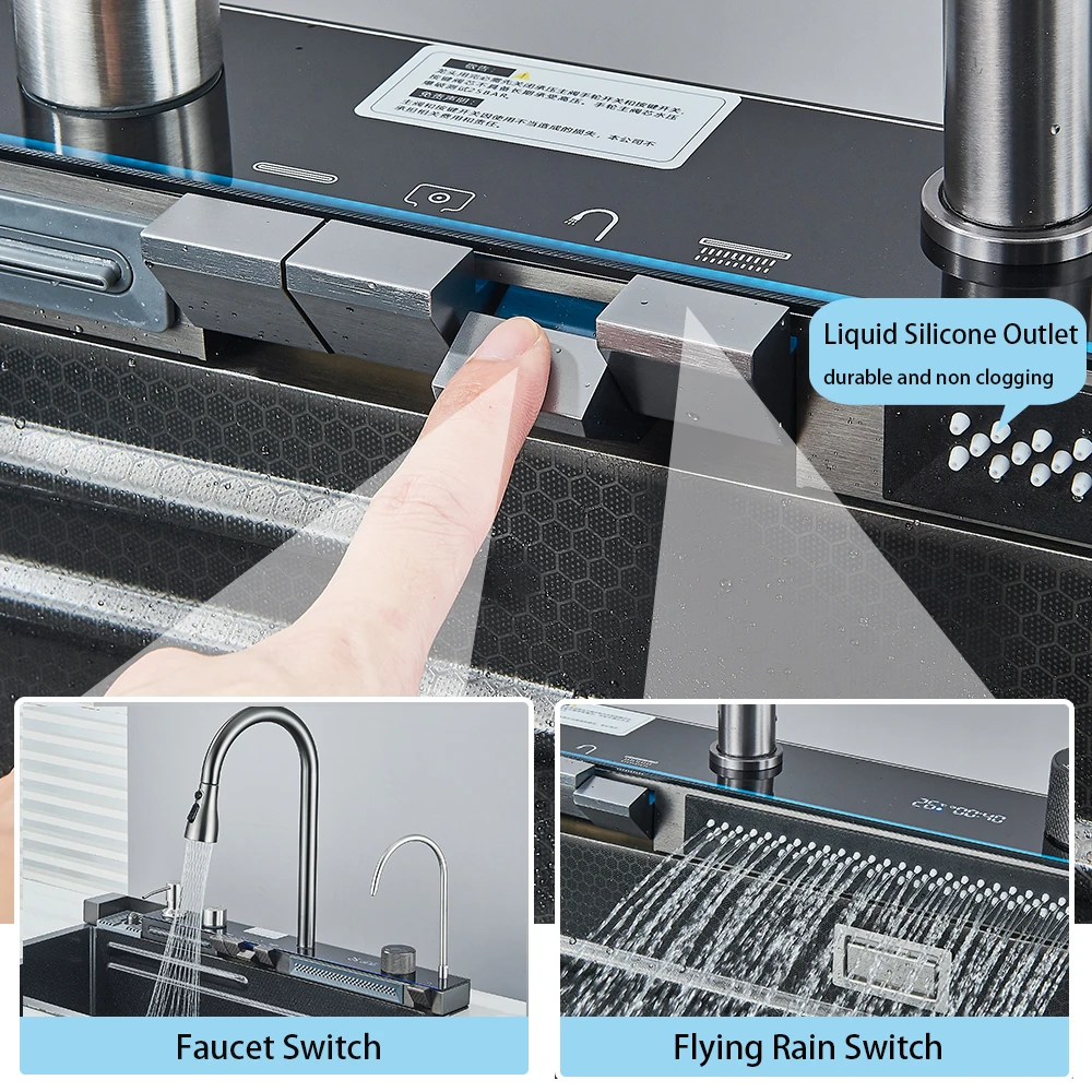 304 Stainless Steel Kitchen Waterfall Sink Digital Display Large Single Sink Dish Basin Sink With Multifunction Touch Waterfall 4