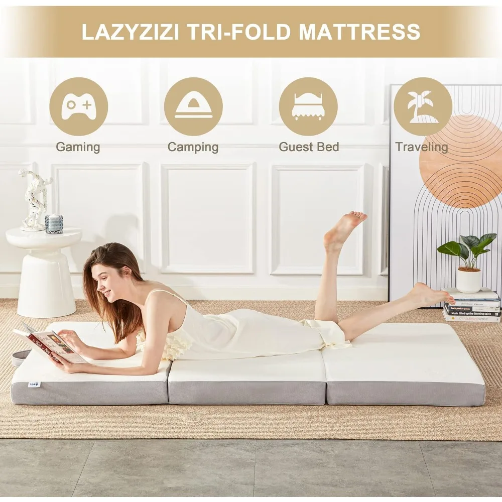 Folding mattress, 4-inch memory sponge triple fold mattress with breathable and washable bamboo fiber fabric cover 4