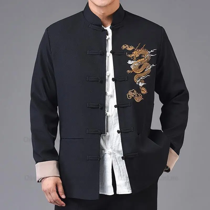 Chinese Style Hanfu Tang Clothes Men Balck Jackets Cotton Embroider Dragon Kong Fu Costume Traditional China Clothing Plus Size