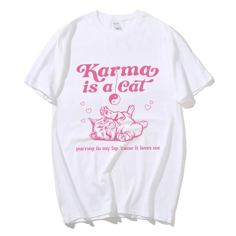 

Рубашка с надписью «Karma Is A Cat», потому что мне нравится рубашка, музыкальная рубашка, Тэйлор Мерч, музыкальный тур, летняя рубашка с круглым вырезом