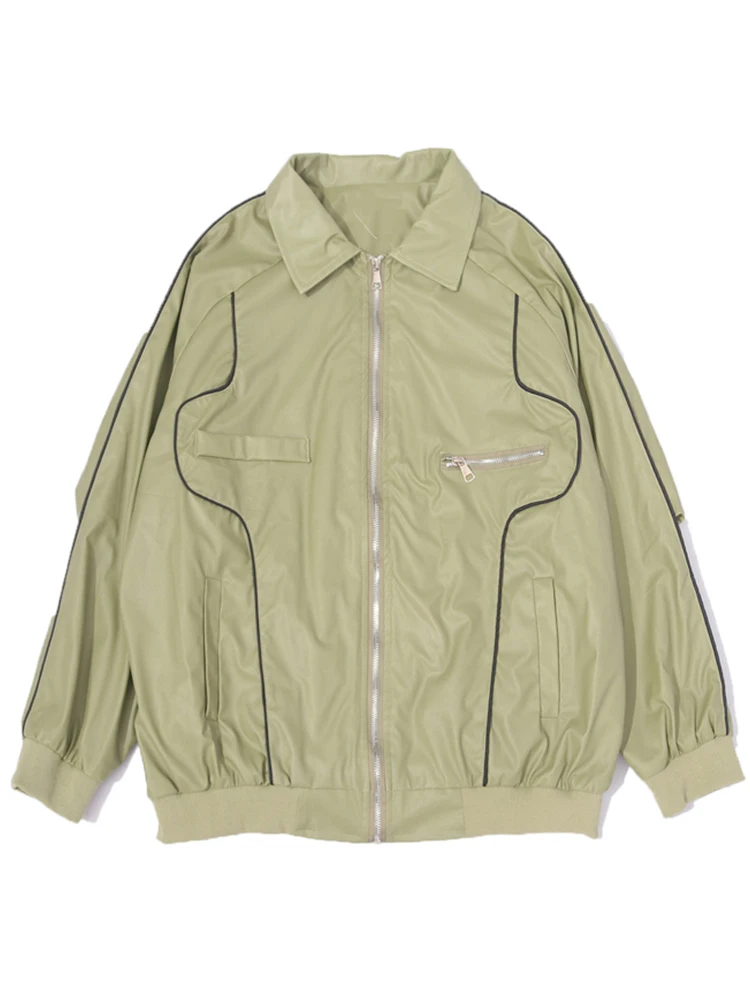 

LY VAREY LIN New Spring Autumn Moto Biker Pu Coat Women Fashion Lapel Zipper Faux Leather Jacket Lady Casual Loose Green Outwear