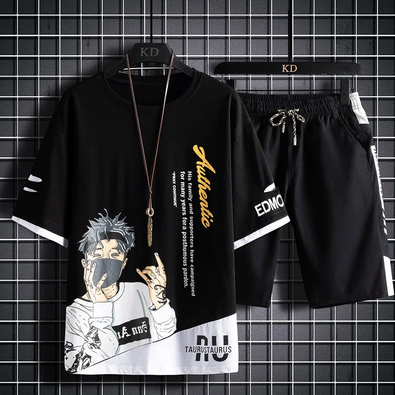 Casual 2023 Summer 2 Piece Men's Sets Short-Sleeved T-Shirt And Shorts Suits Streetwear Youth Top Tee+Knee-Length Pant Tracksuit