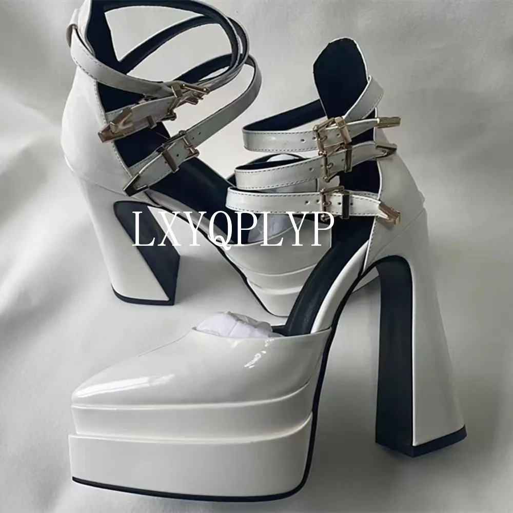 Pointed Toe Patent Leather Roman Sandals Women's Platform Summer Thick High Heel Sexy Party Shoes Pumps Sandals for Women 2022 