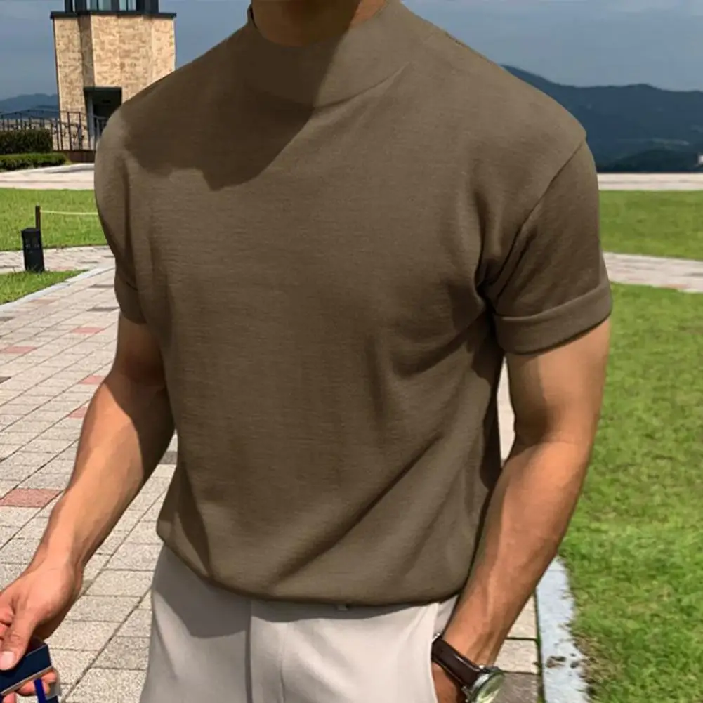 Men T-shirt Solid Color High Neck Men Top Sweat Absorption Dress-up Fitness  Top Summer Short Sleeve Male Shirt Top For Men