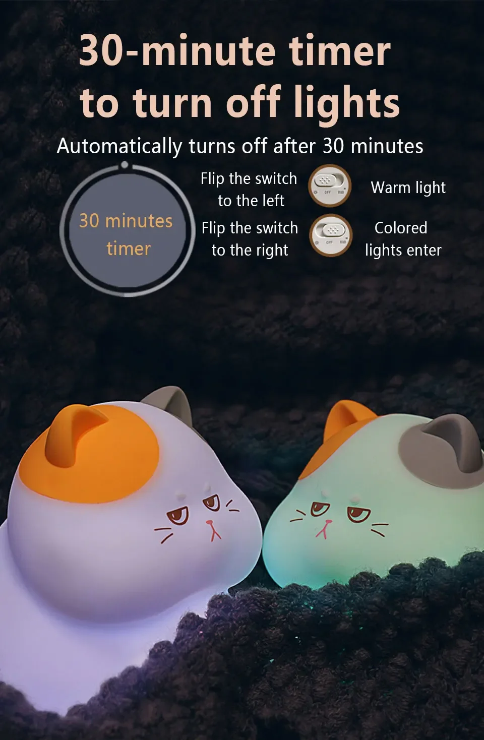 Description Picture 5 of itemCute Cat Night Lights USB Rechargeable Silicone Gluttonous Cat Touch Patting Lamp Timing Dimmable Bedroom Desktop Decor Light