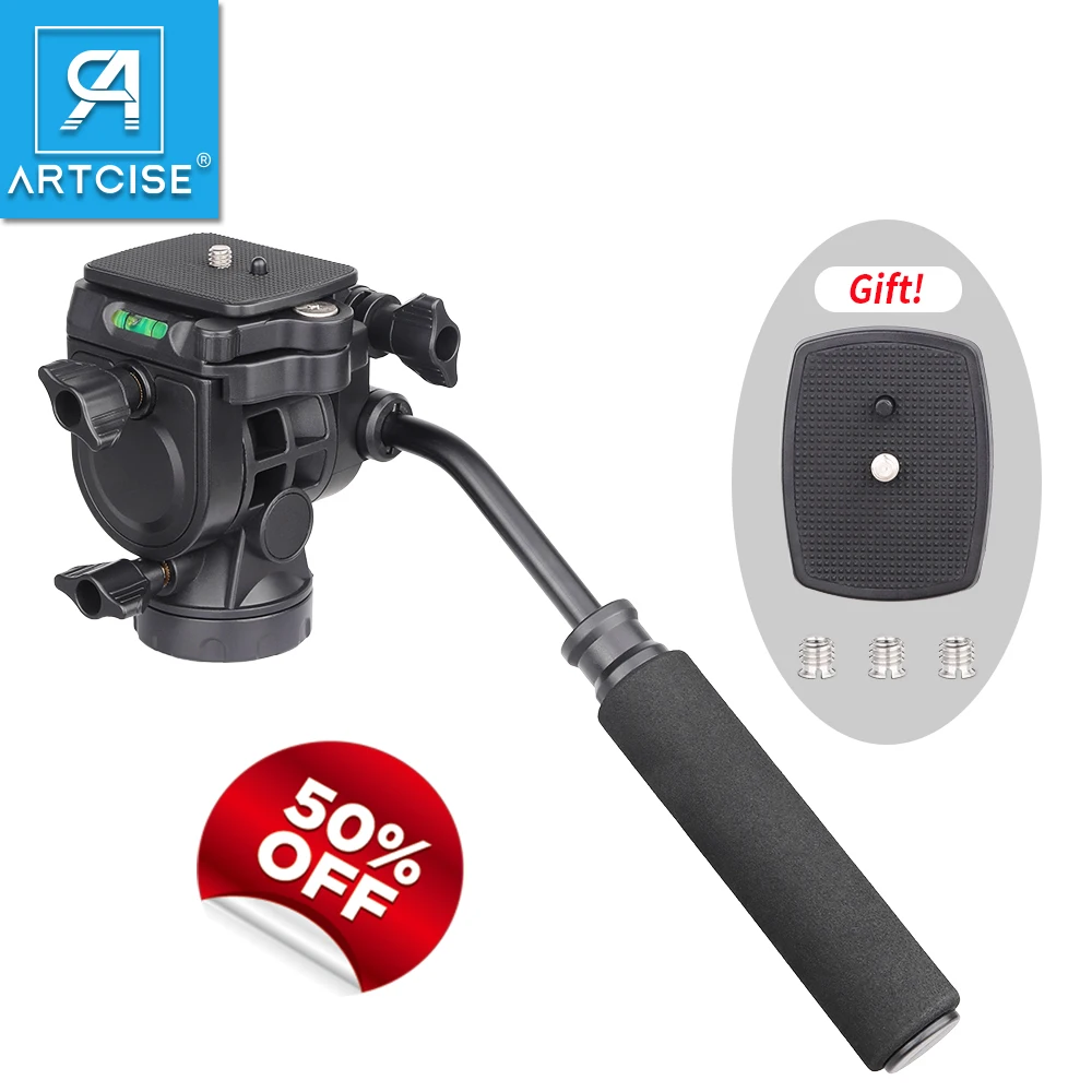 ARTCISE TP50 Video Damping Fluid Head with Detachable Handle and 1/4" Quick Release Plate for Stand Monopod Tripod Camera DSLR