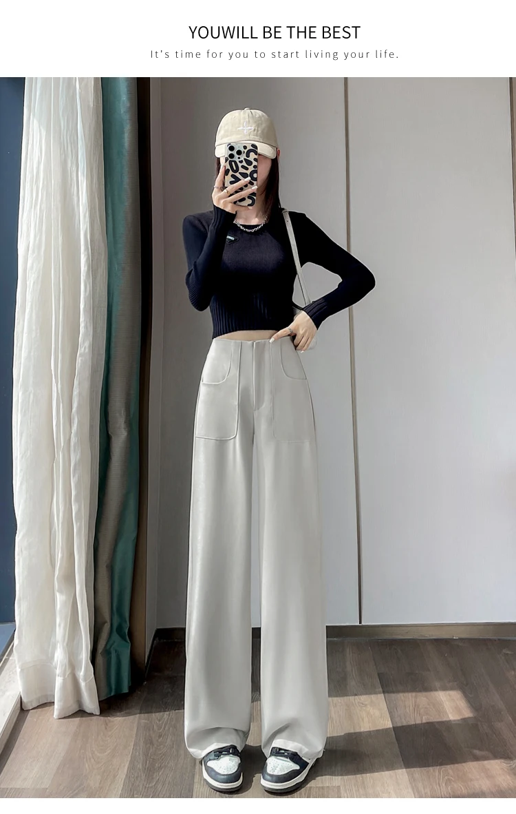 Herbst hohe Taille lässige Frauen Hosen einfache grundlegende schwarze koreanische gerade Hosen weibliche schicke einfarbige schlanke lose Frau Hosen – Detail 2