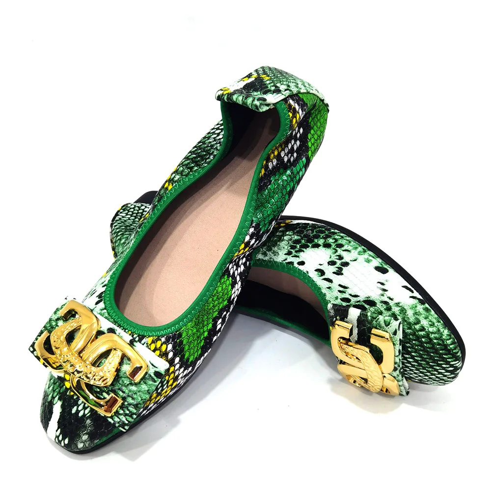 

Flat Shoes for Women Large Size 35-44 Snakeskin Green Color Metal Shoe Buckle Soft Sole Comfort Loafers Genuine Leather