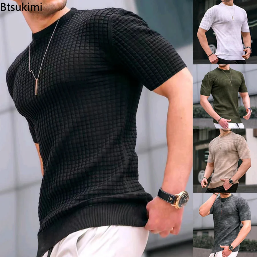 

New Spring Summer Men's Casual Short Sleeve Shirts Basic Knitted Sweater Pullover Male Round Collar Summer Tops Cotton T-shirt