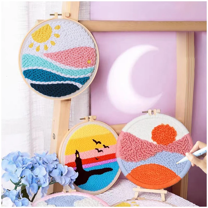 DIY Punch Needle Embroidery Kit For Starter with Stamped Color Pattern  Instruction Yarn Craft Set For Wall Hanging Paintings