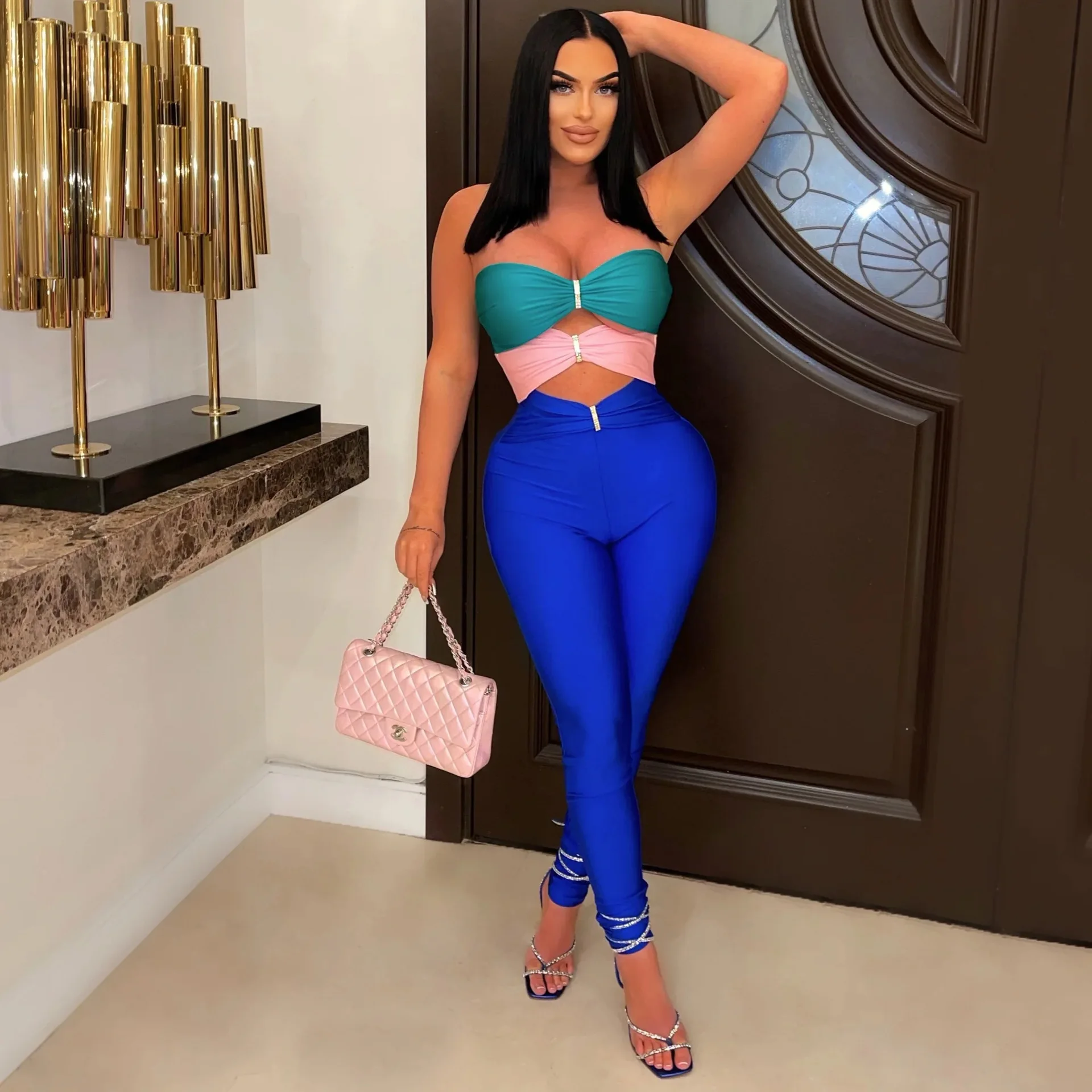 Sexy Color Patchwork Hollow Out Women Jumpsuit Summer Strapless Bodycon Pencil Pants One Piece Night Party Club Romper Overall