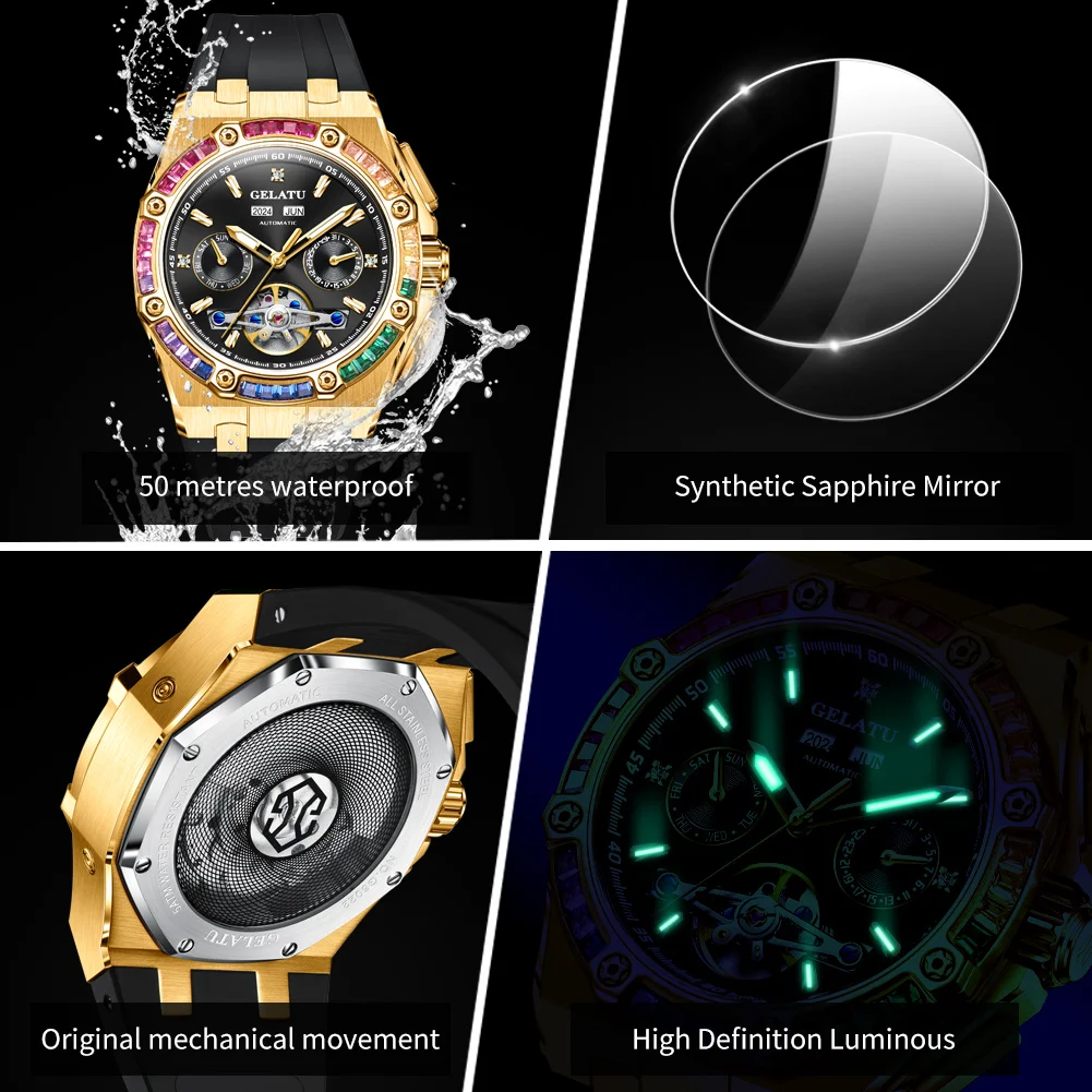 GELATU 6022 Automatic Watch Man Date Luxury Business Mechanical Watch For Men Hollow Big Dial Waterproof Fashion Men Wristwatch