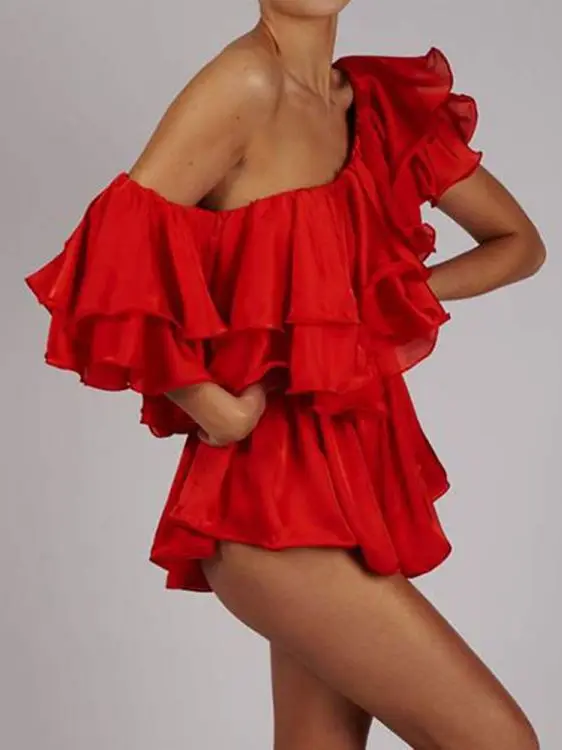 Diagonal Shoulder Ruffle Skirt Sexy Short Dresses Daring One Piece Suit Loose Women'S Chiffon Dress Jumpsuit Clothing Free Ship