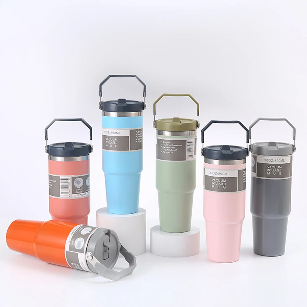 30OZ Portable Car Cup Stainless Steel Thermos Cup with Straw Travel Sports Water Bottle With Handle Cover Coffee Vacuum Flask stainless steel thermos cup