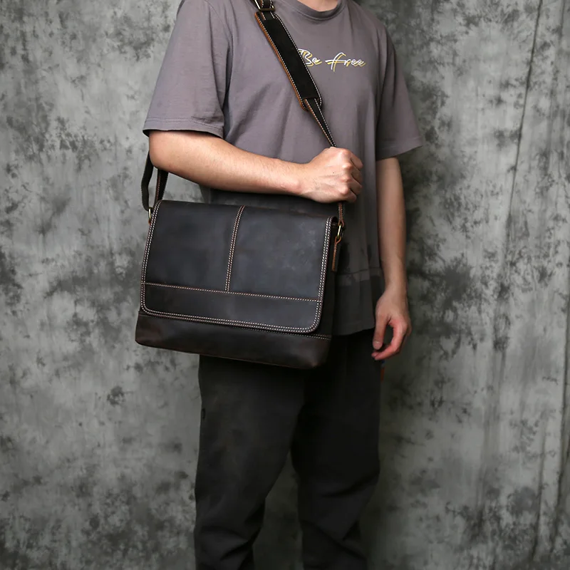 NZPJ Retro Genuine LeatherMen's Shoulder Bag Top Layer Cowhide Brown Handmade Crazy Horse Leather A4 File Messenger Bag for Men