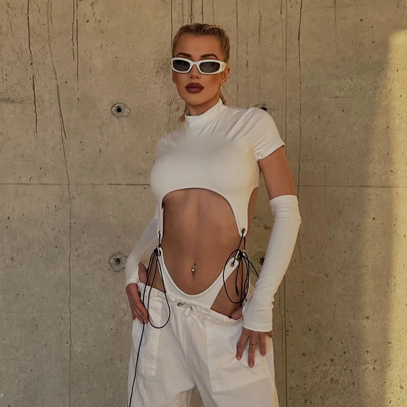 Body de manga corta con cuello alto para mujer, estilo Y2K, de una pieza con aberturas, con cordones, lencería sexy.
