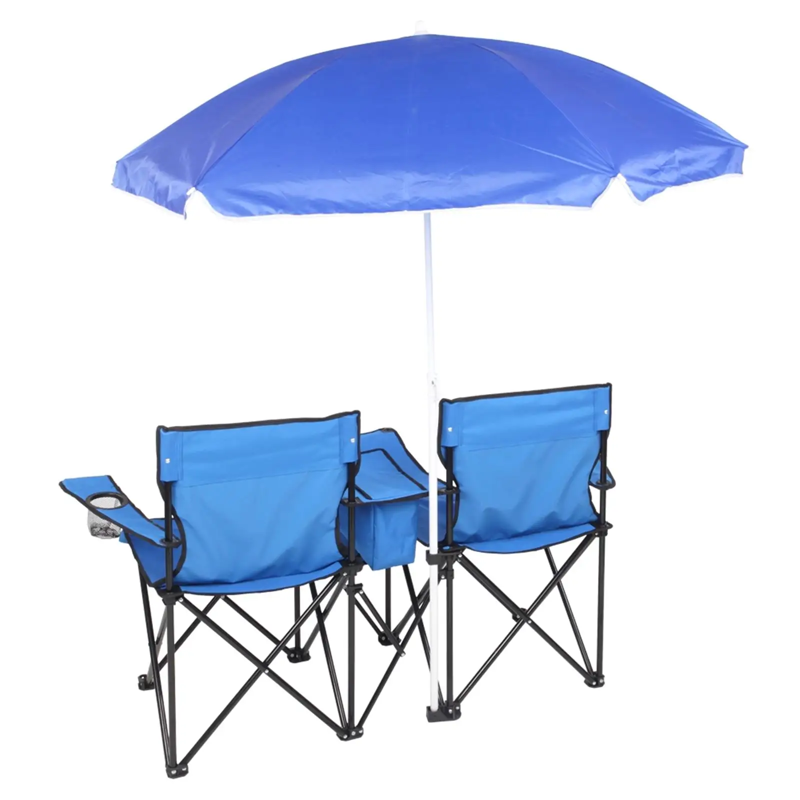 Compact 2-Seat Folding Chair with Removable Umbrella for Outdoor Use - Blue 2