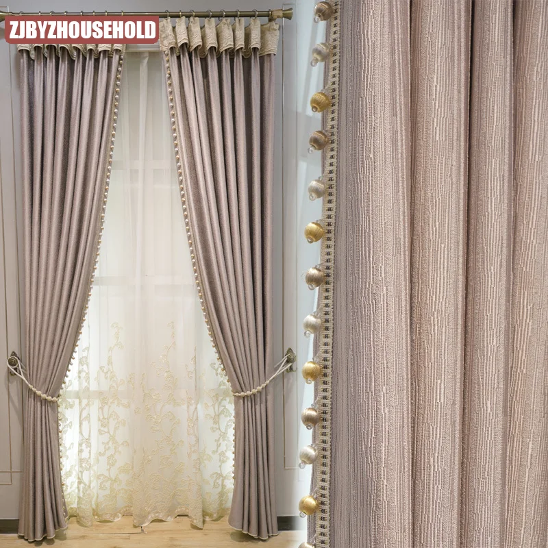 

French Jacquard Curtains for Living Room Bedroom Light Scandinavian Modern High-precision Solid Color Minimalist Pink Girl