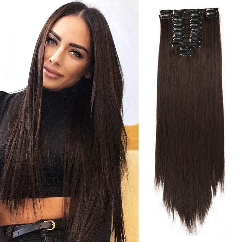 

12 Sets Clips In Hair Extensions Synthetic Straight Hair 22 Clips 150G Clips in High Temperature Fiber Black Brown Hairpiece