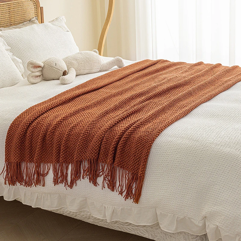 Battilo Caramel Throw Blanket Knitted Blanket With Tassels Fal