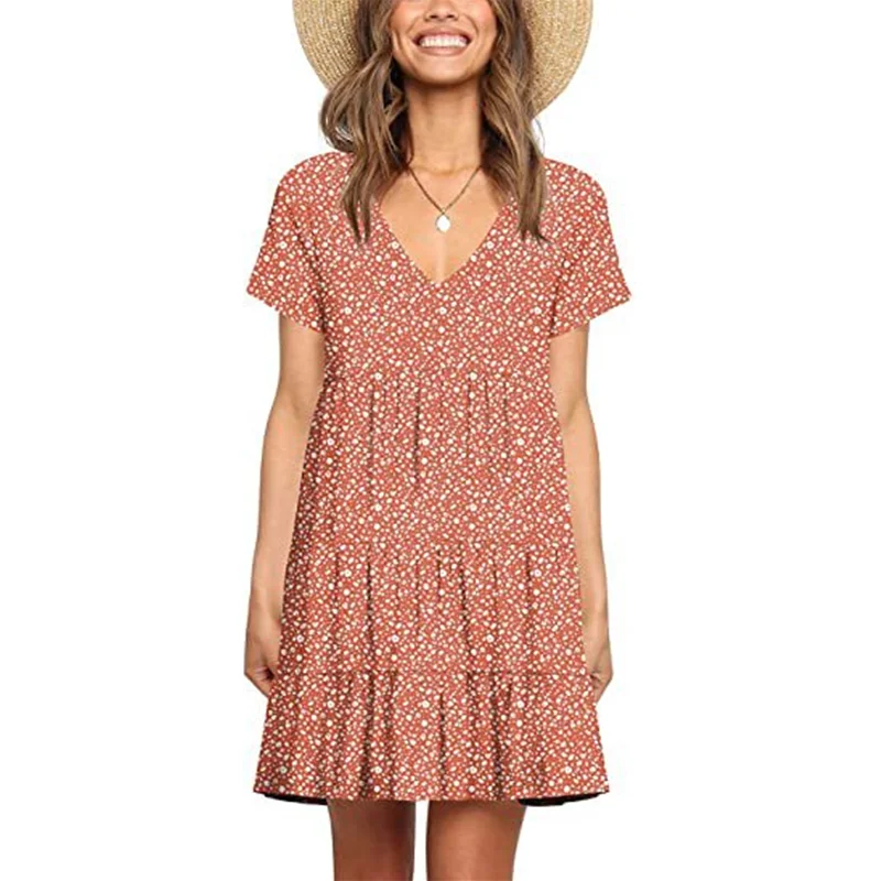 

2023 Verão Mulheres Nova Linha Pullover V-Neck Solto Casual Versátil Commuter Estilo Layered Print Pocket Short A-Line Dress