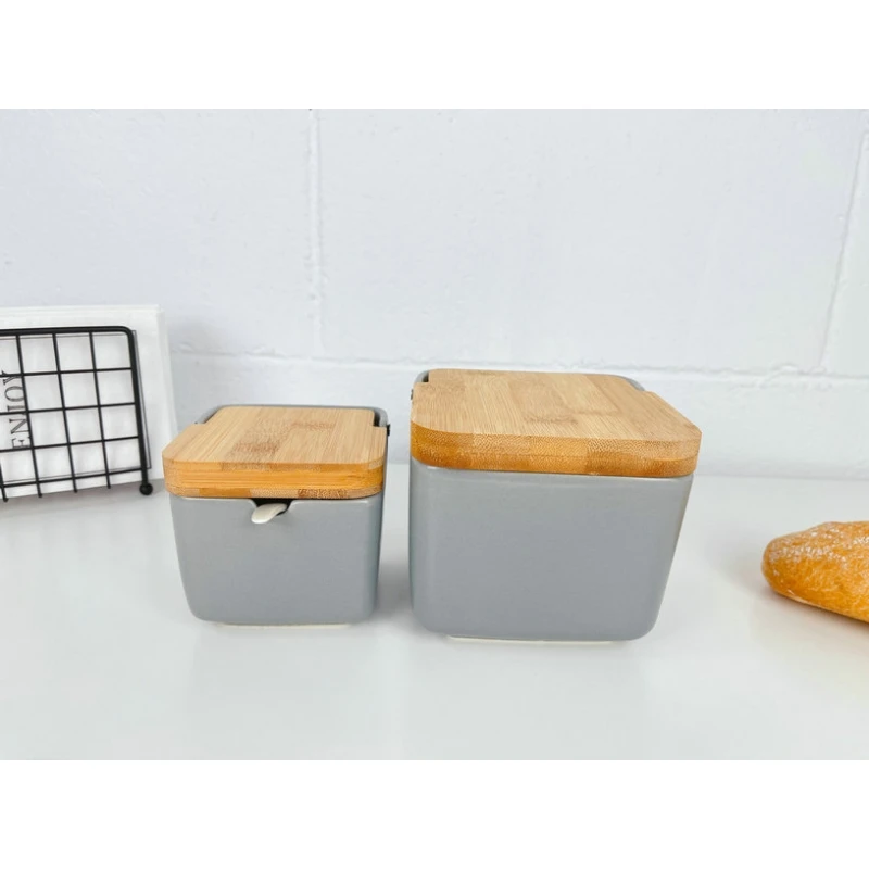 Saleros y Azucareros Azucarero cocina blanco minimalista ceramica con tapa  madera extraible 120112 - AliExpress