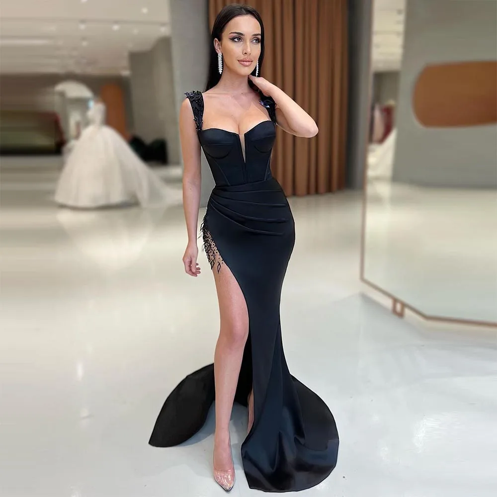 

Xijun Black Sequin Beadings Satin Mermaid Prom Dresses High Side Split Square Collar Pleat Ruched Evening Dress Party Gown