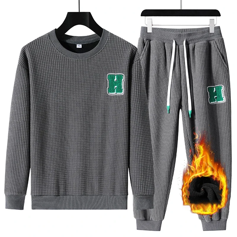 Winter Men's Fleece Set Crewneck Embroidered Letter Pullover Outdoor Lettered Fleece Slacks Casual Men's Padded Thermal Suit