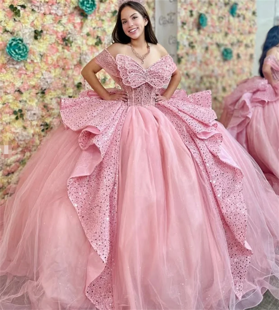 Gorgeous  Pink Quinceanera Dresses Charro Sequin Princess Puffy Vestidos De 15 Años Quinceañera Birthday Pageant Gown Customized